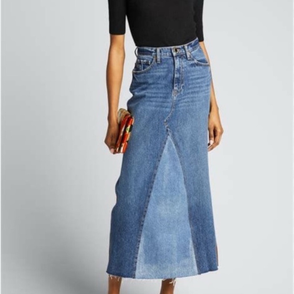 KHAITE Magdalena Reconstructed Long Skirt in Two-Tone Denim, Size 26